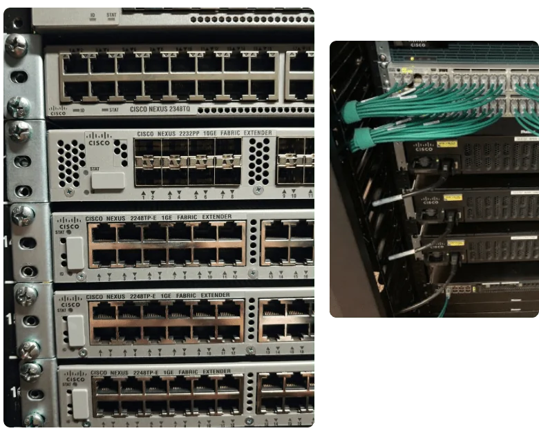 Cisco Nexus switches in a rack, with their cabling